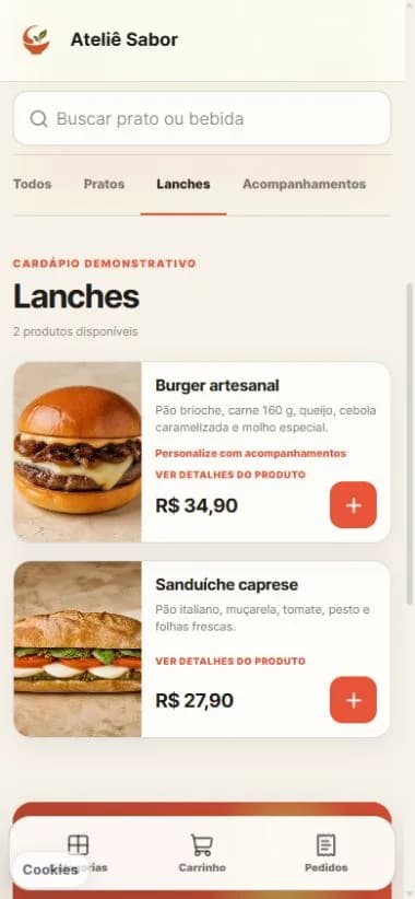 Loja Menuo no celular: busca, produtos e carrinho da demonstração Ateliê Sabor